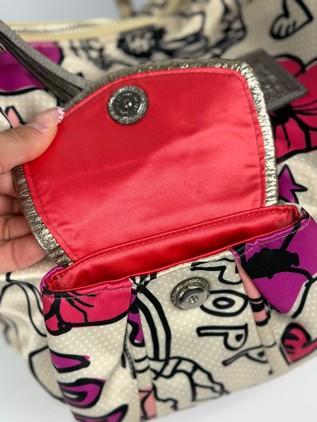 Coach F16493 Poppy Graffiti Floral Pink/Purple/Cream Shoulder Bag Leather Trim