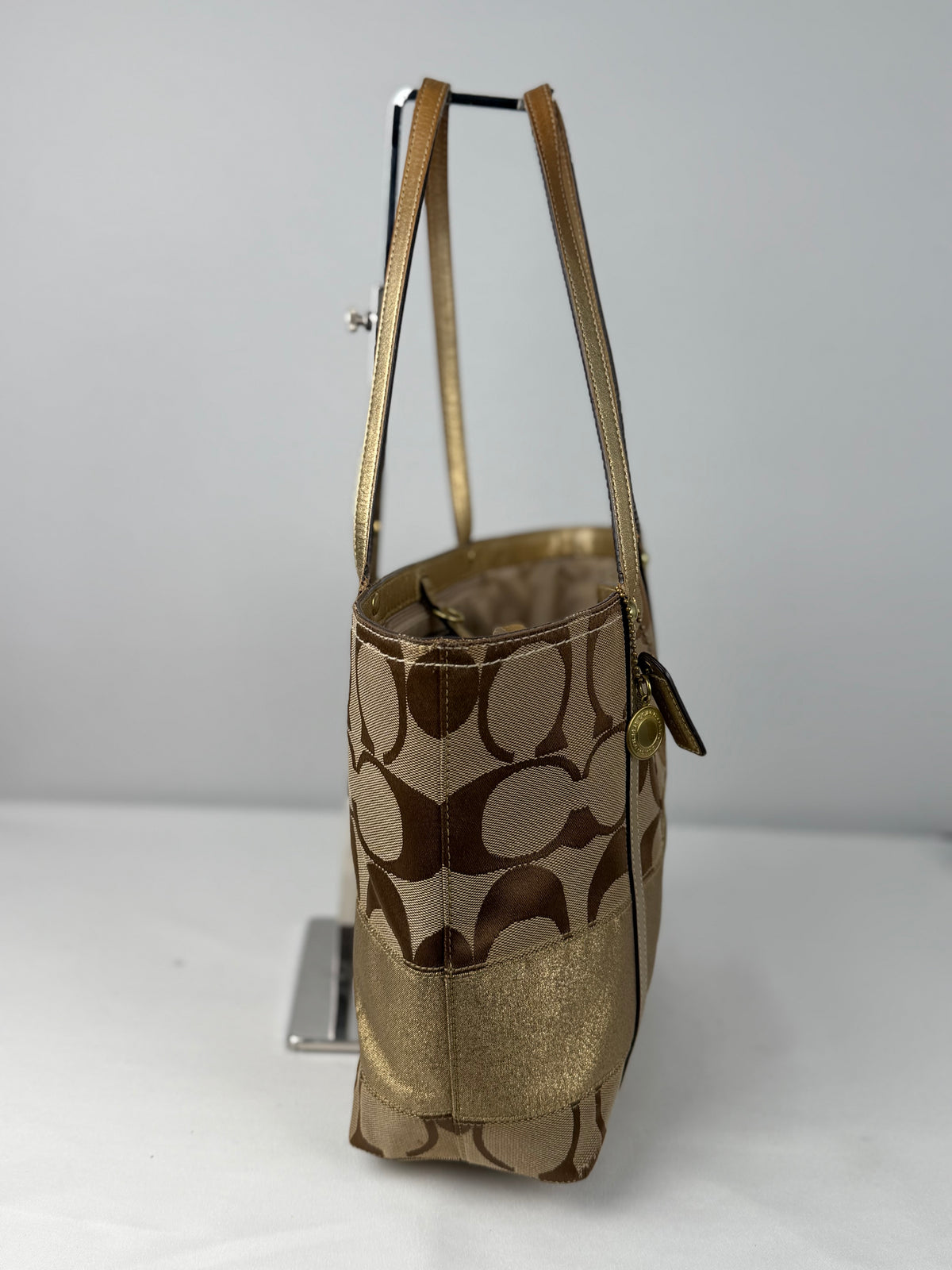 Coach 11098 Signature Brown/Gold Monogram Shoulder Tote Bag Leather Trim