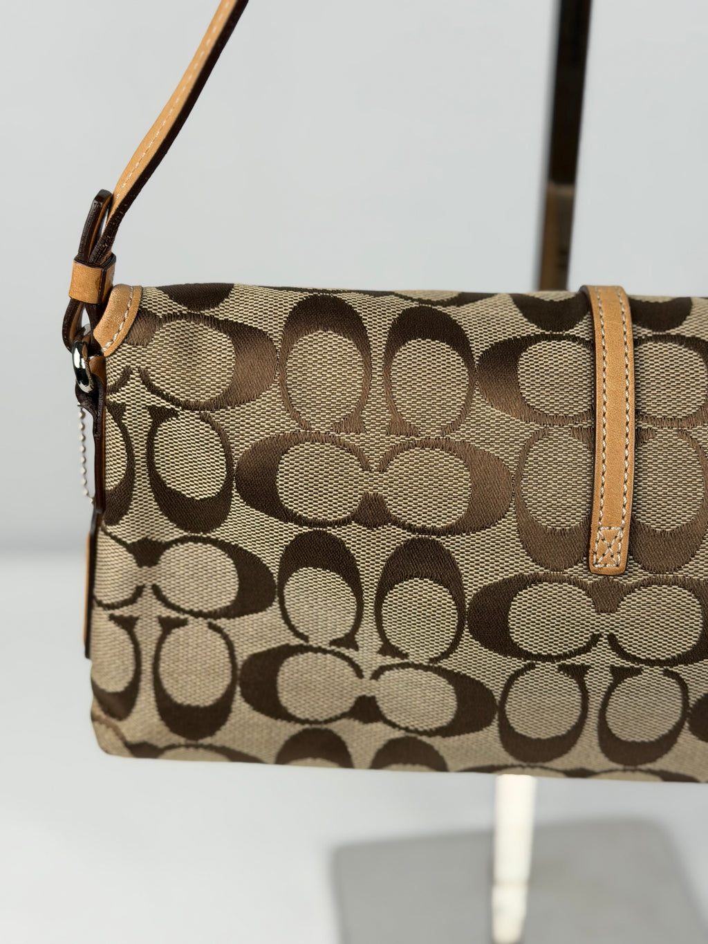 Coach 6348 Demi Clip Signature Brown Monogram Shoulder Bag Tan Leather Trim