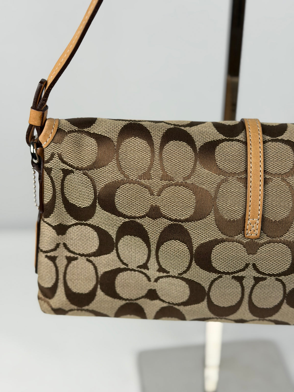 Coach 6348 Demi Clip Signature Brown Monogram Shoulder Bag Tan Leather Trim