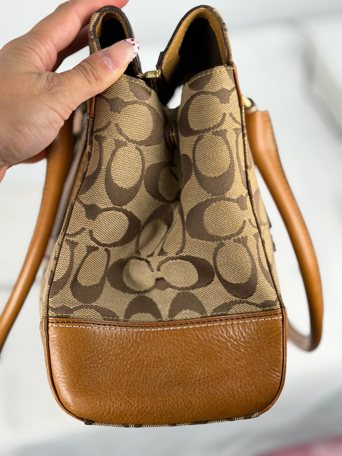 Coach 11063 Hampton Turnlock Signature Brown Monogram Shoulder Bag Leather Trim