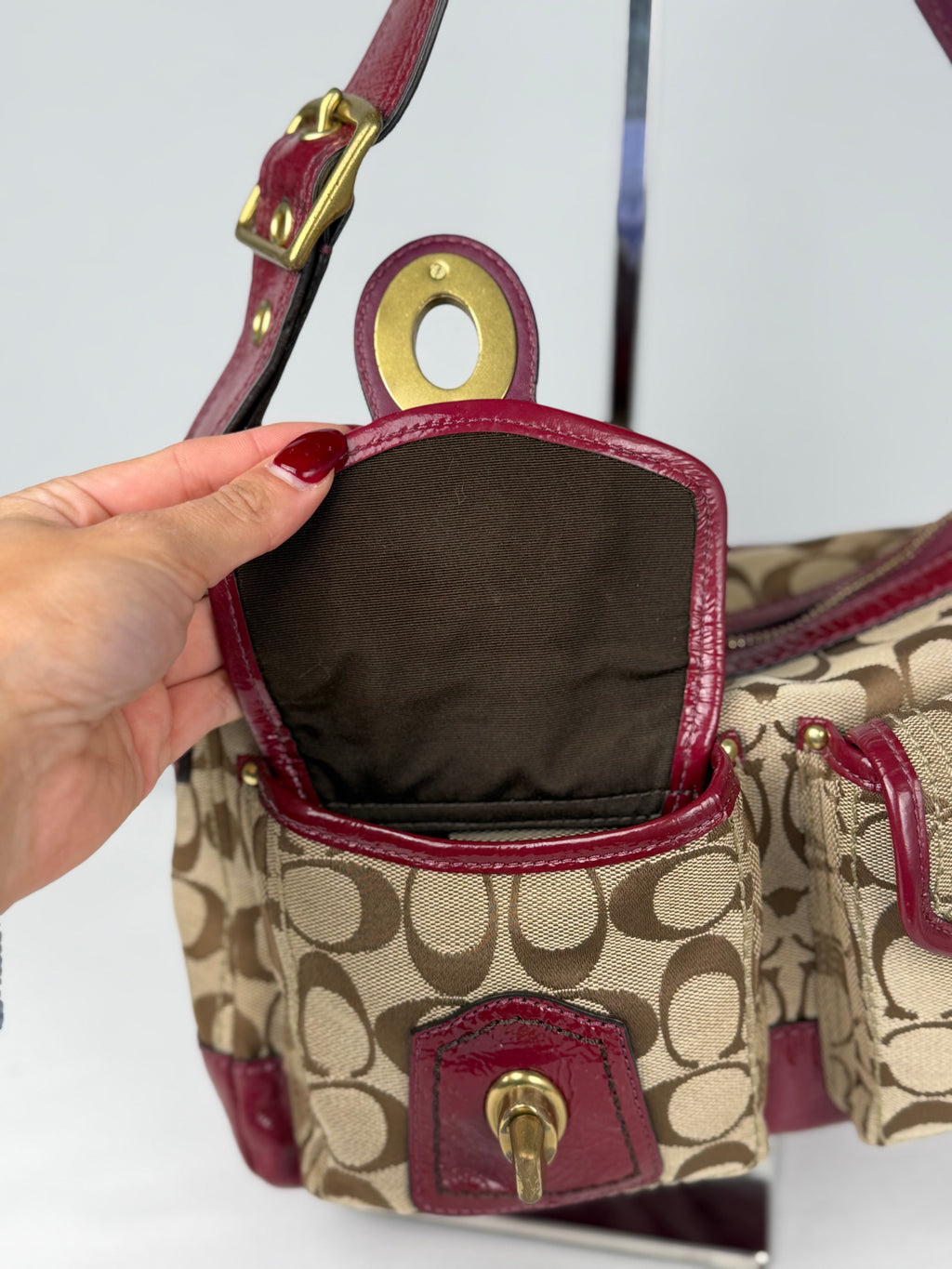 Rare Coach F12869 Legacy Double Pocket Turnlock Shoulder Bag Burgundy Patent Leather Trim
