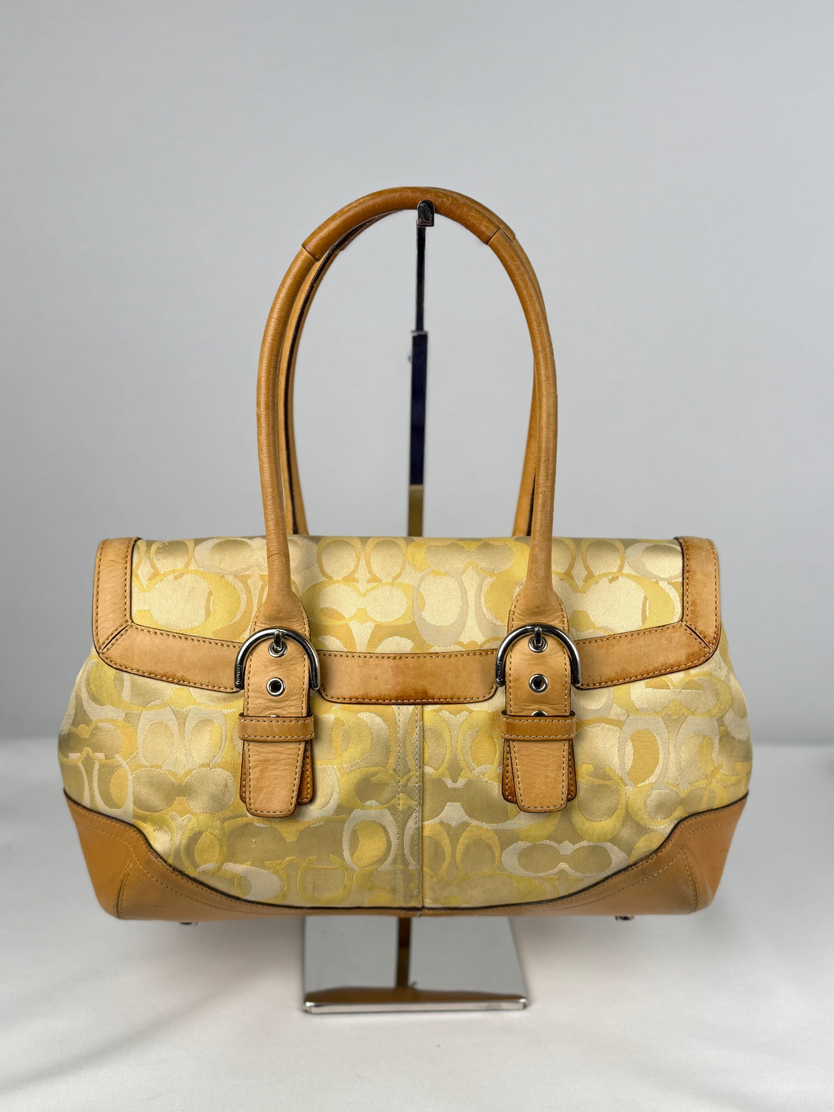 Coach 6722 Yellow Op Art Monogram Soho Shoulder Bag Tan Leather Trim