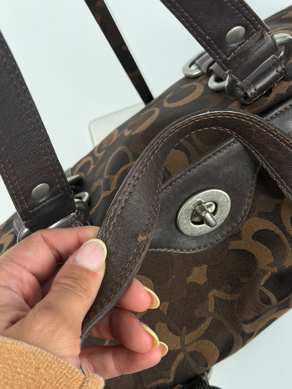 Coach 10145 Chelsea Turnlock Brown Op Art Shoulder Bag Suede Leather Trim