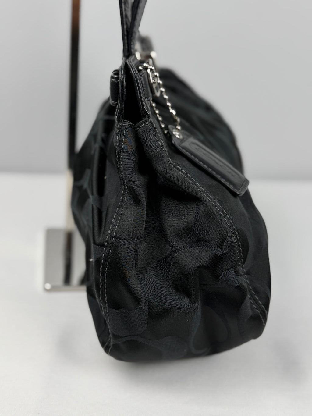 Coach F13906 Signature Black Monogram Satchel Turnlock Shoulder Bag Leather Trim