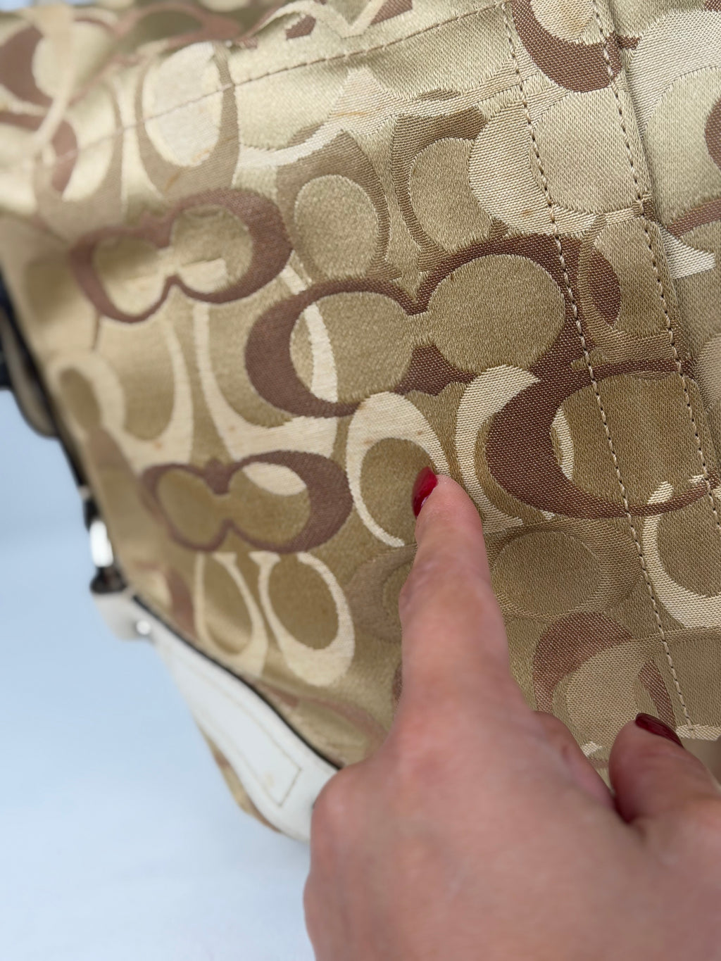Coach F13980 Carly Optic Art Brown/Beige Monogram Shoulder Bag White Leather Trim