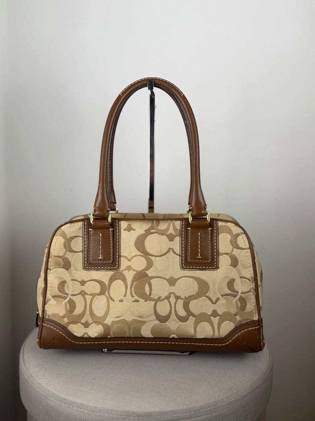 Coach 10777 Brown/Beige Optic Art Monogram Boston Shoulder Bag Brown Leather Trim