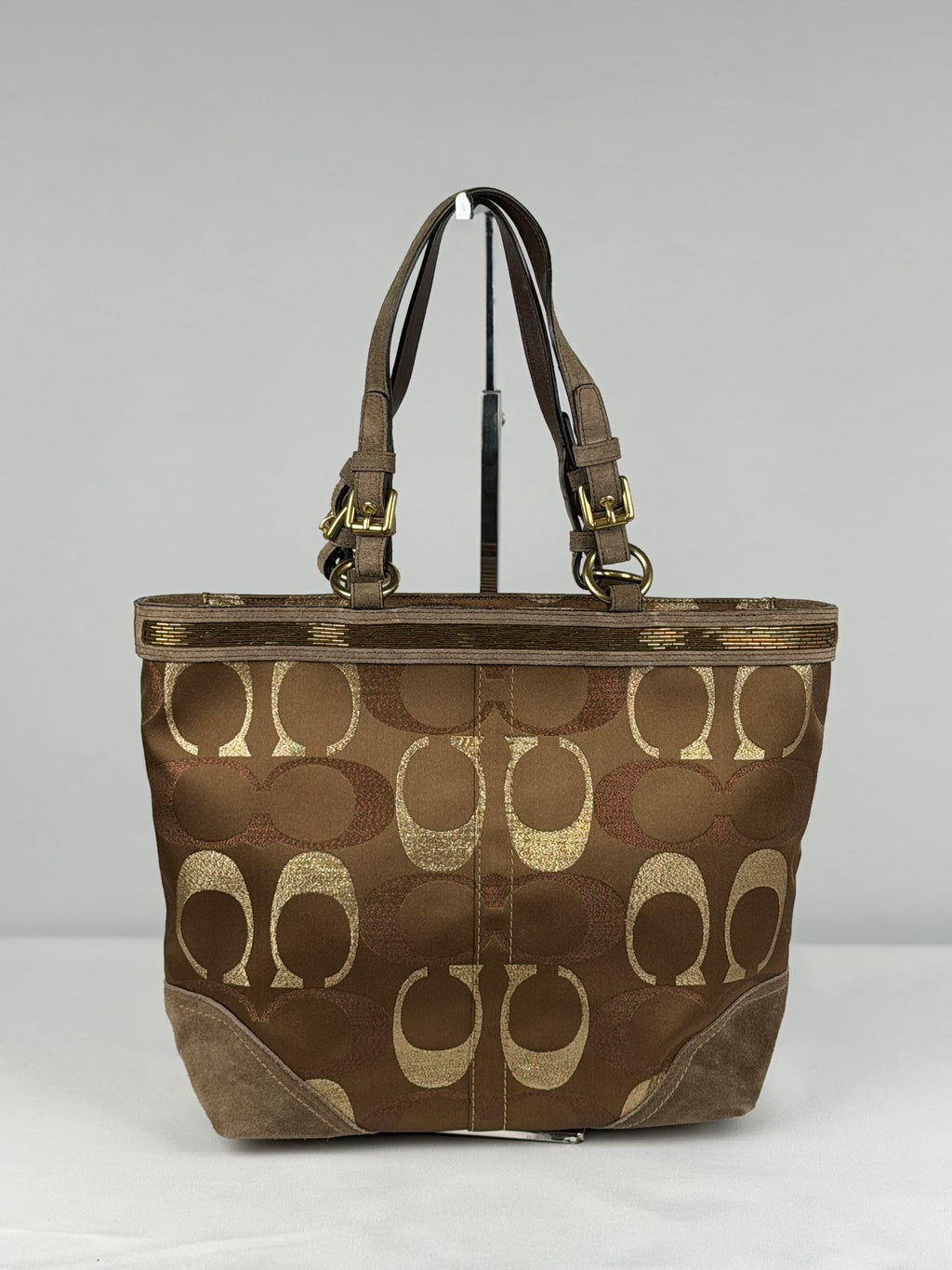 Coach 10445 Signature Brown Monogram Shoulder Bag Suede Leather Trim