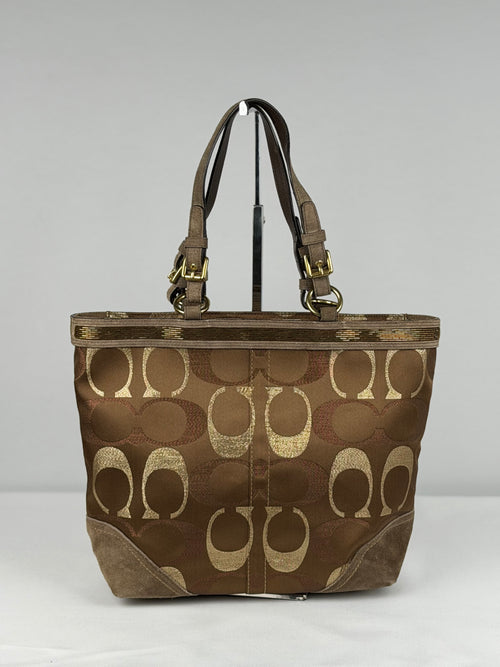 Coach 10445 Signature Brown Monogram Shoulder Bag Suede Leather Trim