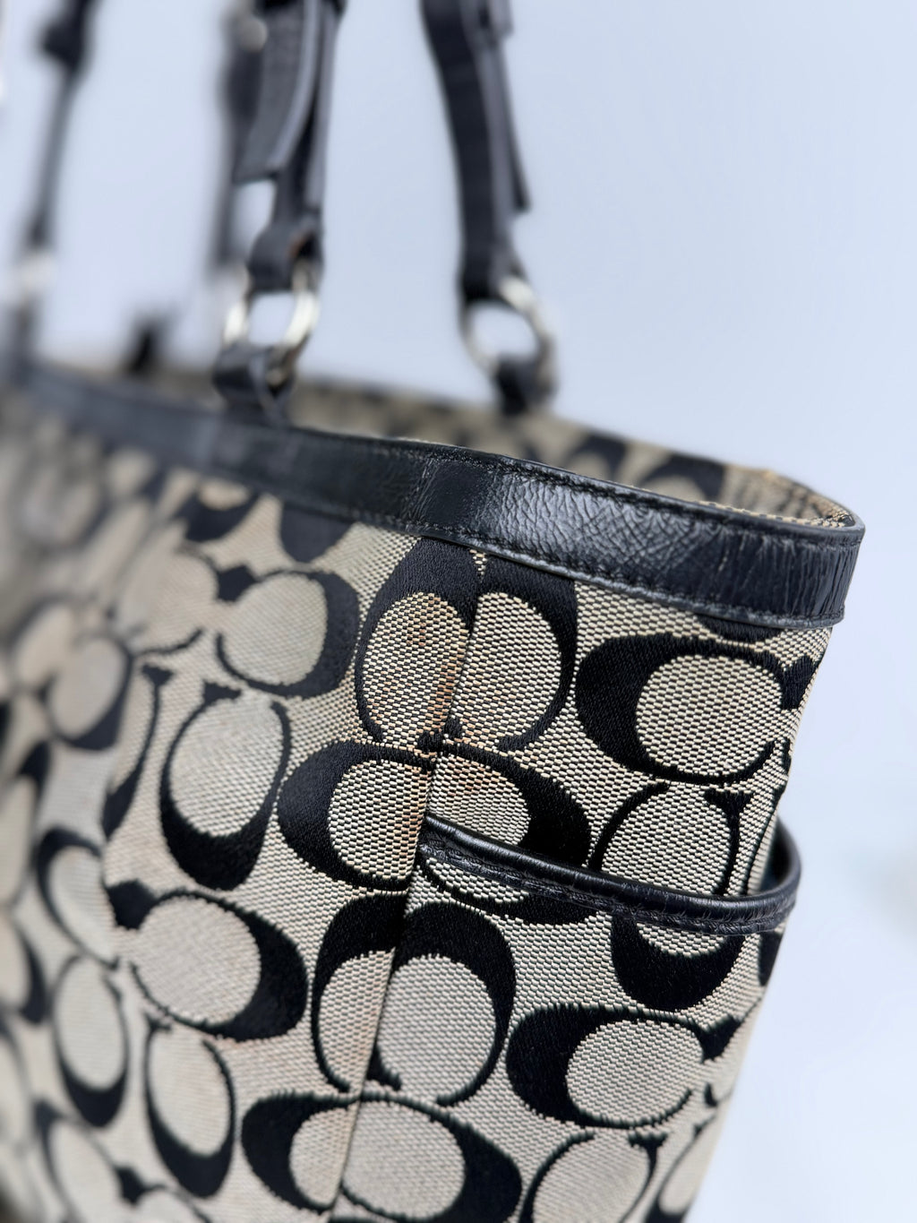 Coach F17726 Signature Grey/Black Shoulder Bag Leather Trim