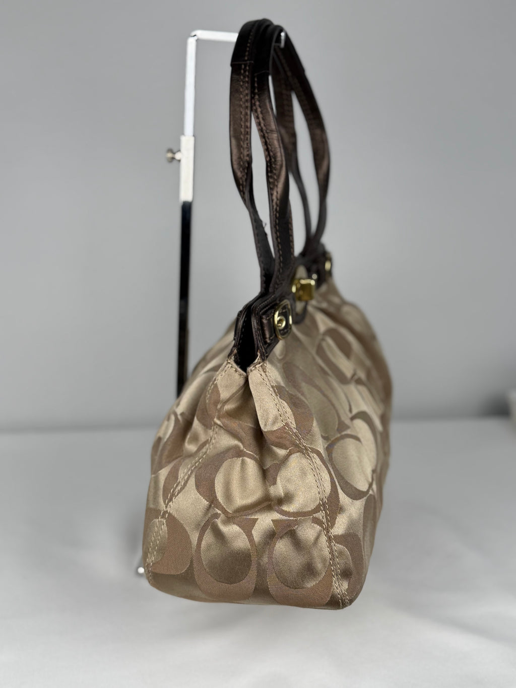 Coach F13906 Rare Turnlock Signature Beige Monogram Shoulder Bag Brown Leather Trim