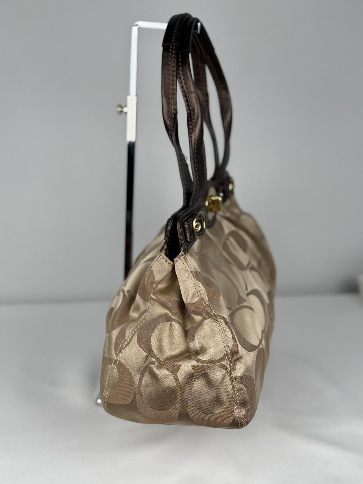 Coach F13906 Rare Turnlock Signature Beige Monogram Shoulder Bag Brown Leather Trim
