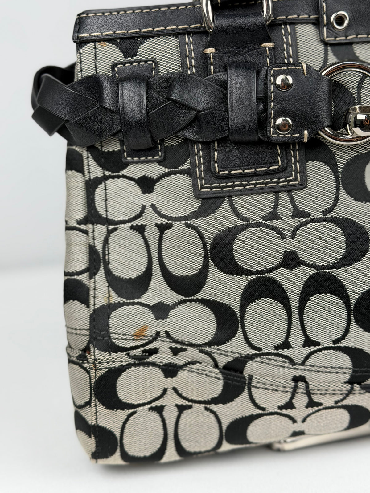 Coach F13065 Hampton Clip Signature Grey/Black Monogram Shoulder Bag Leather Trim