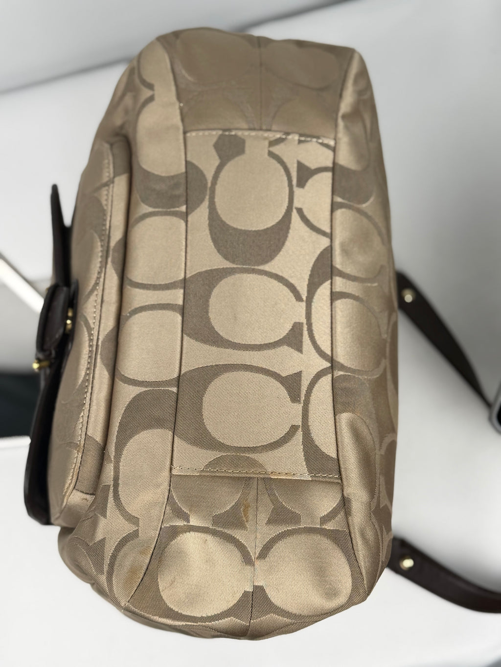 Coach F24742 Soho Beige Monogram Shoulder Bag Brown Leather Trim