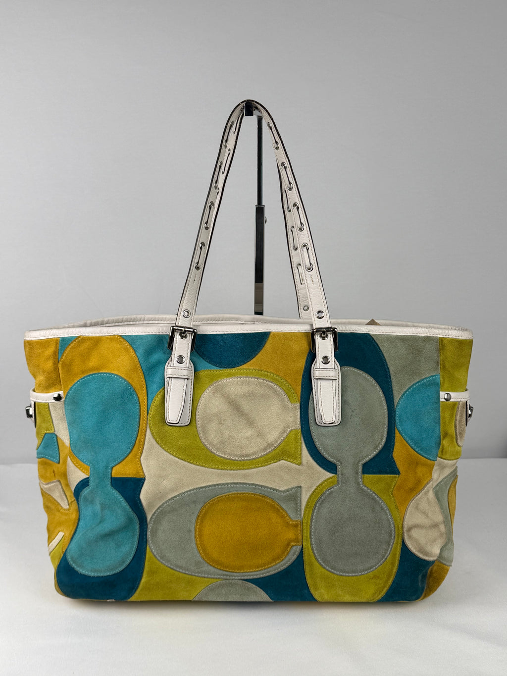Coach 3682 Rare Yellow/Green/Blue Suede Patchwork Shoulder Bag White Leather Trim