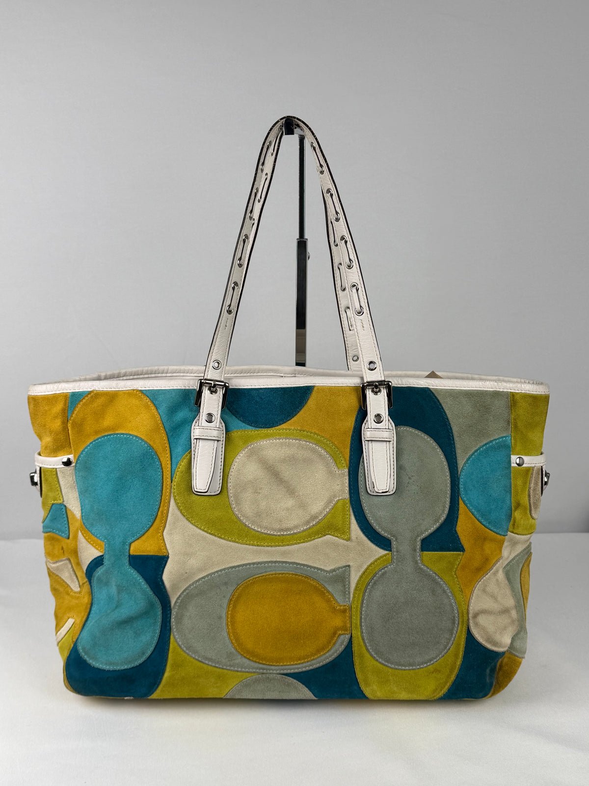 Coach 3682 Rare Yellow/Green/Blue Suede Patchwork Shoulder Bag White Leather Trim