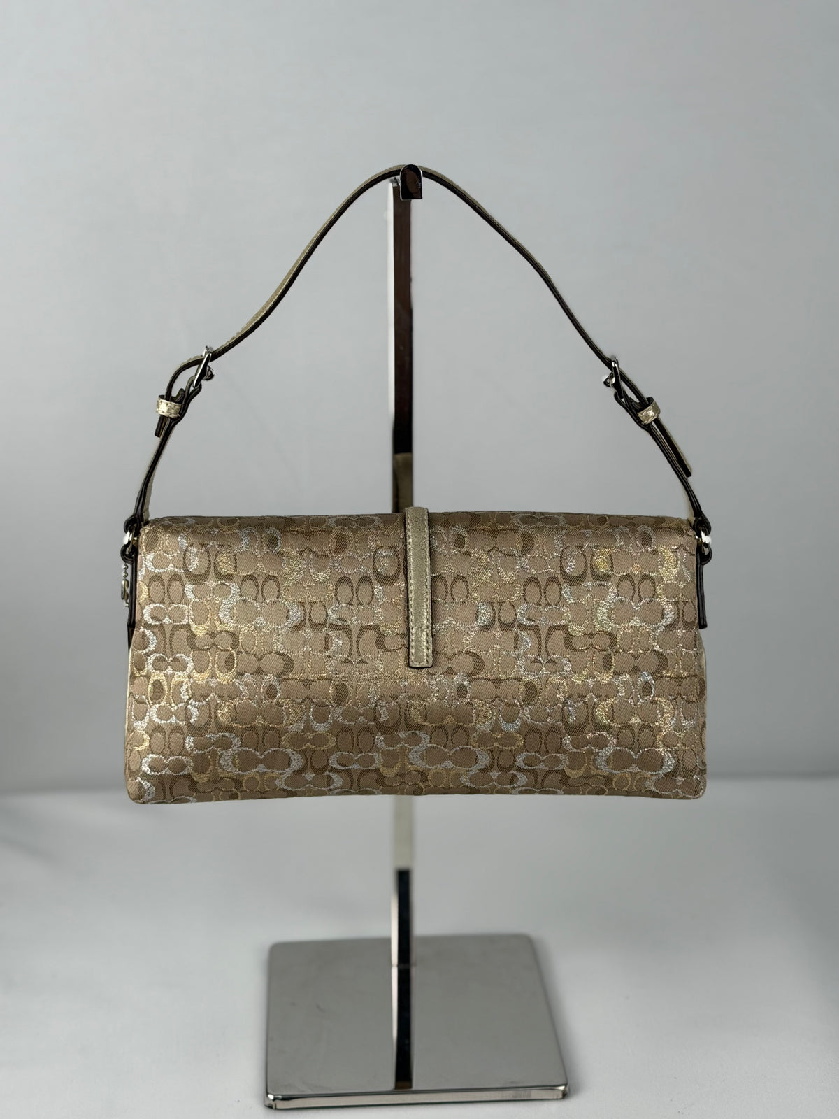 RARE Coach 3595 Demi Clip Brown/Gold Sparkly Monogram Shoulder Bag Leather Trim