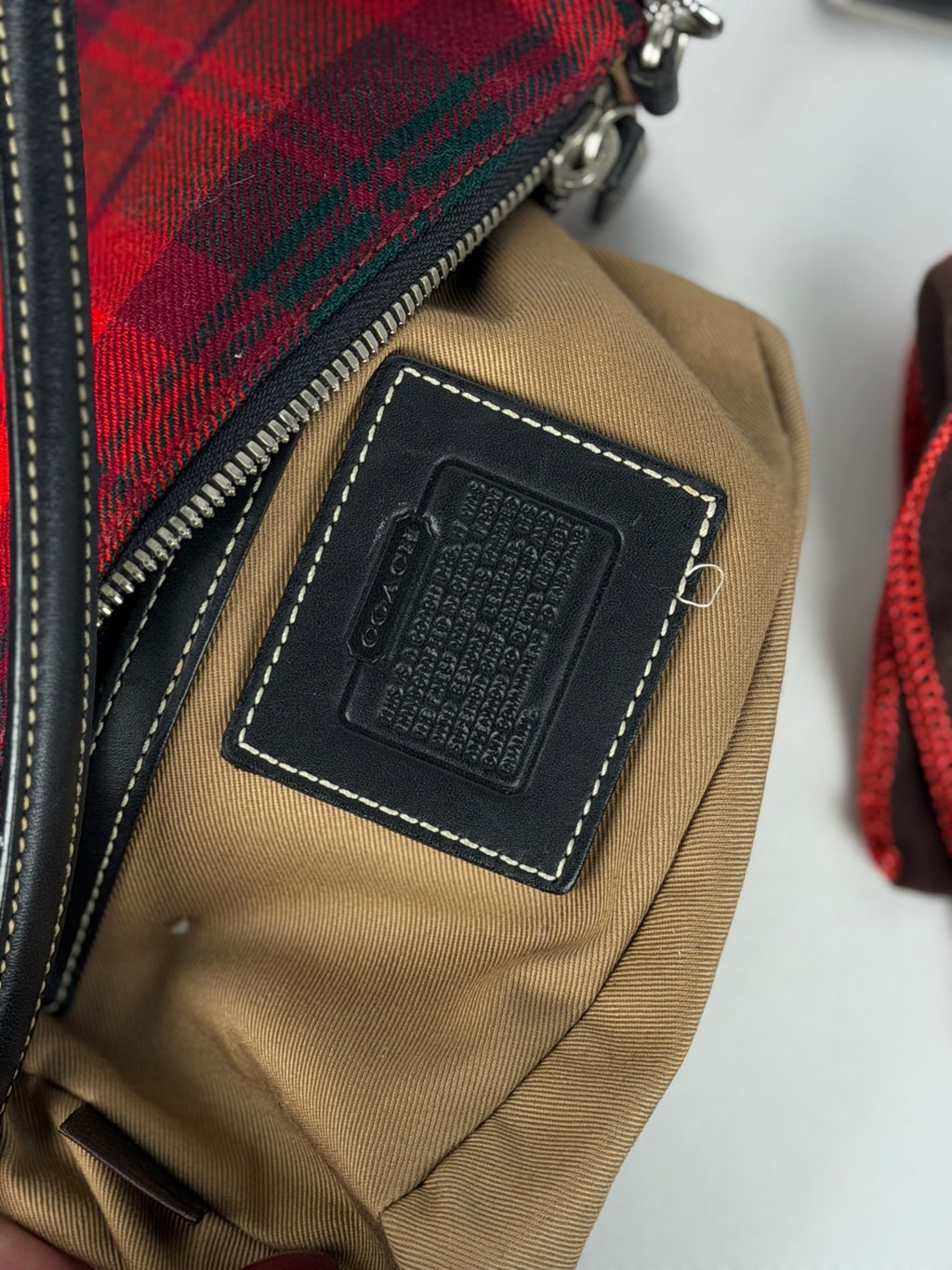 Coach Rare Red Plaid Wool Demi Shoulder Bag Black Leather Trim with dustbag