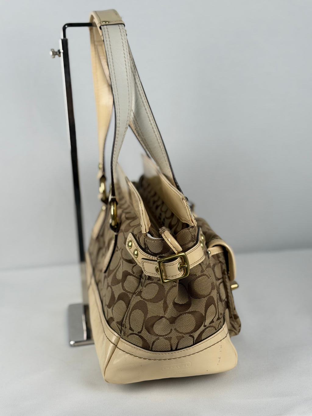 Coach Legacy F13131 Signature Brown Monogram Cream Patent Leather Satchel Shoulder Bag