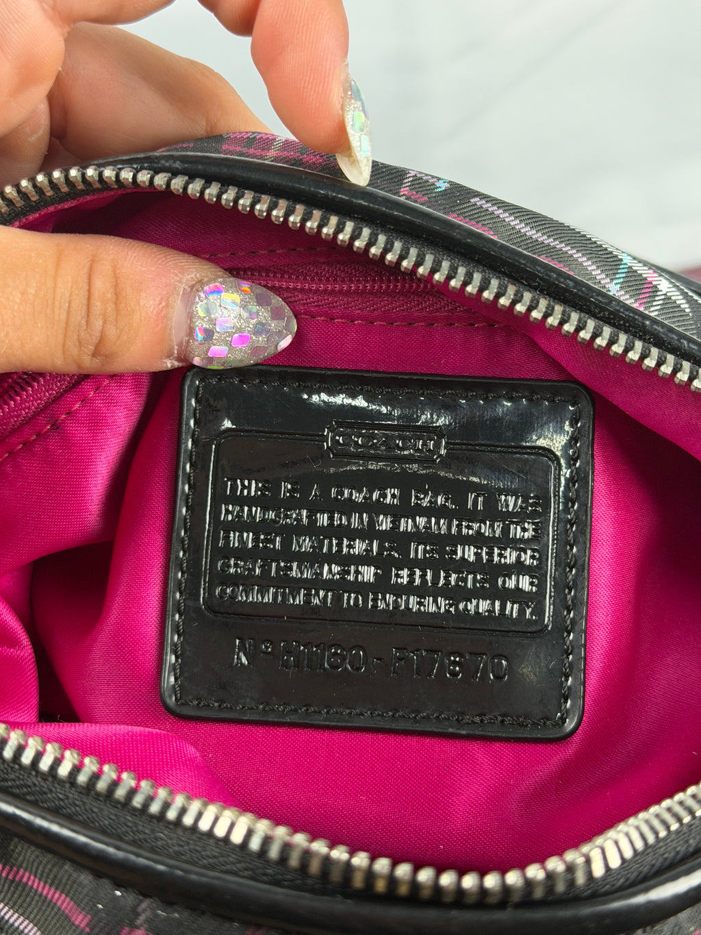Coach F17670 Poppy Tartan Pink and Black Shoulder Bag Leather Trim
