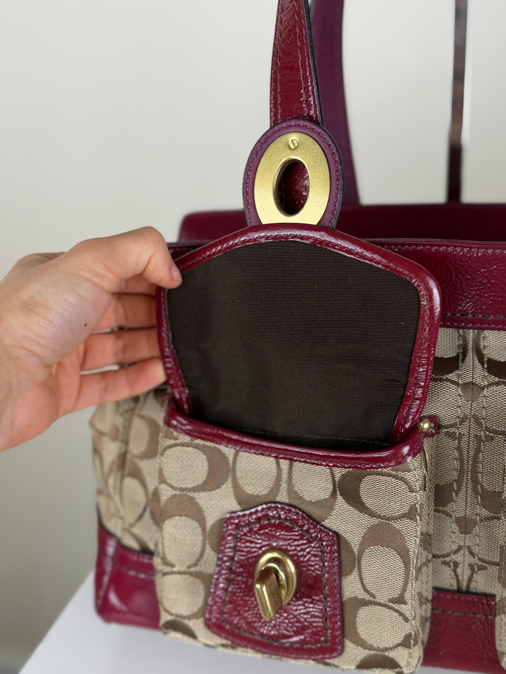 Coach F13131 Legacy Rare Turnlock Double Pocket Signature Brown Monogram Shoulder Bag Red Patent Leather Trim