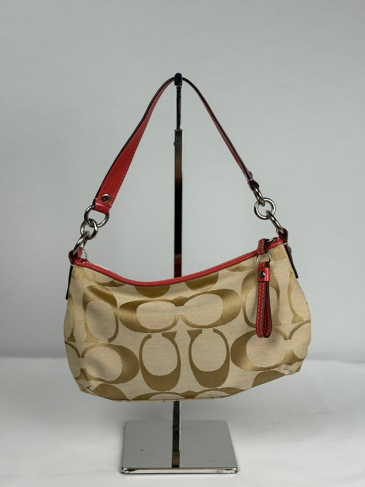 Coach F15111 Signature Beige Monogram Shoulder Bag Red Leather Trim
