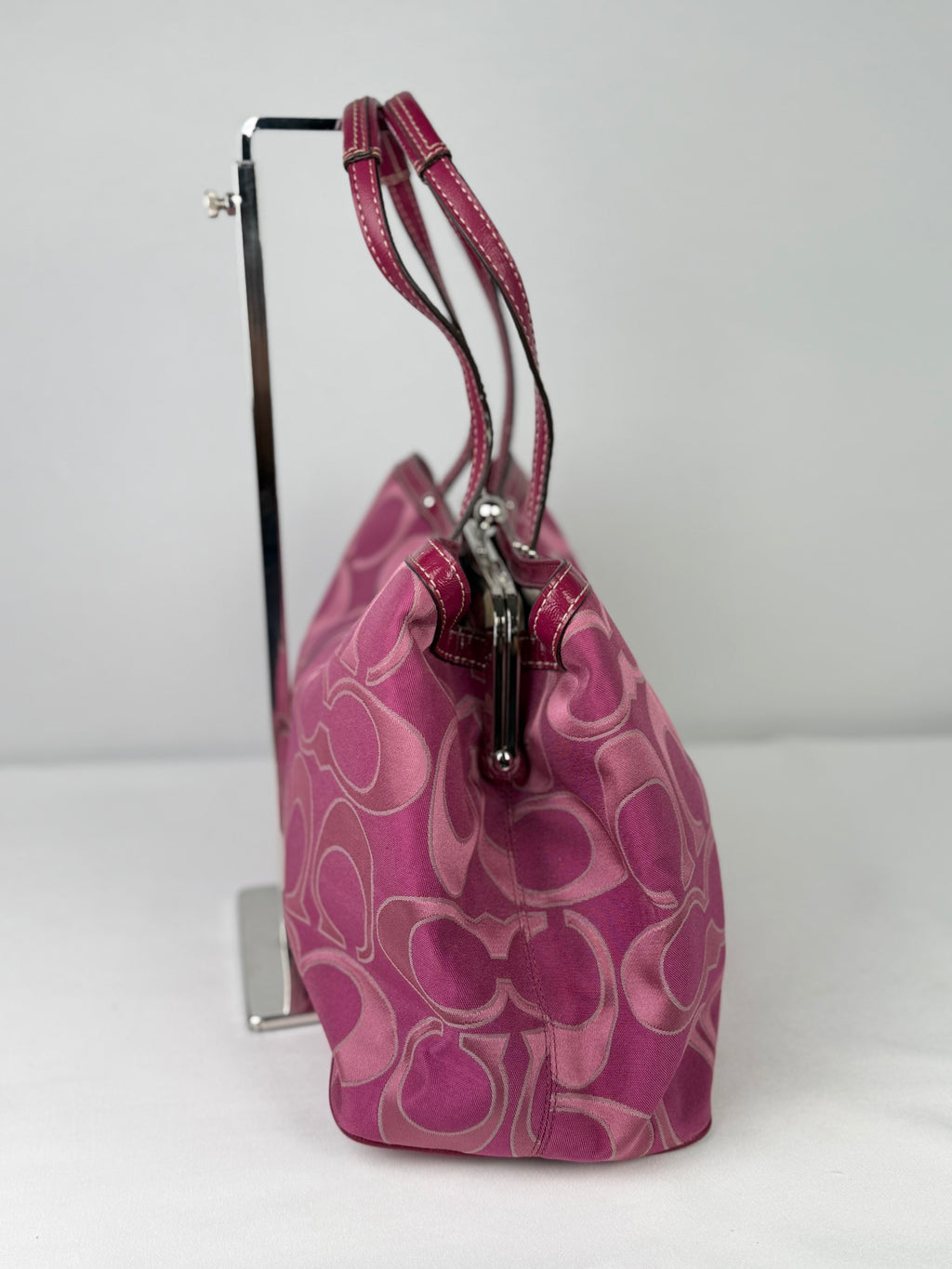 Coach F19460 Kisslock Signature Pink Monogram Shoulder Bag Leather Trim