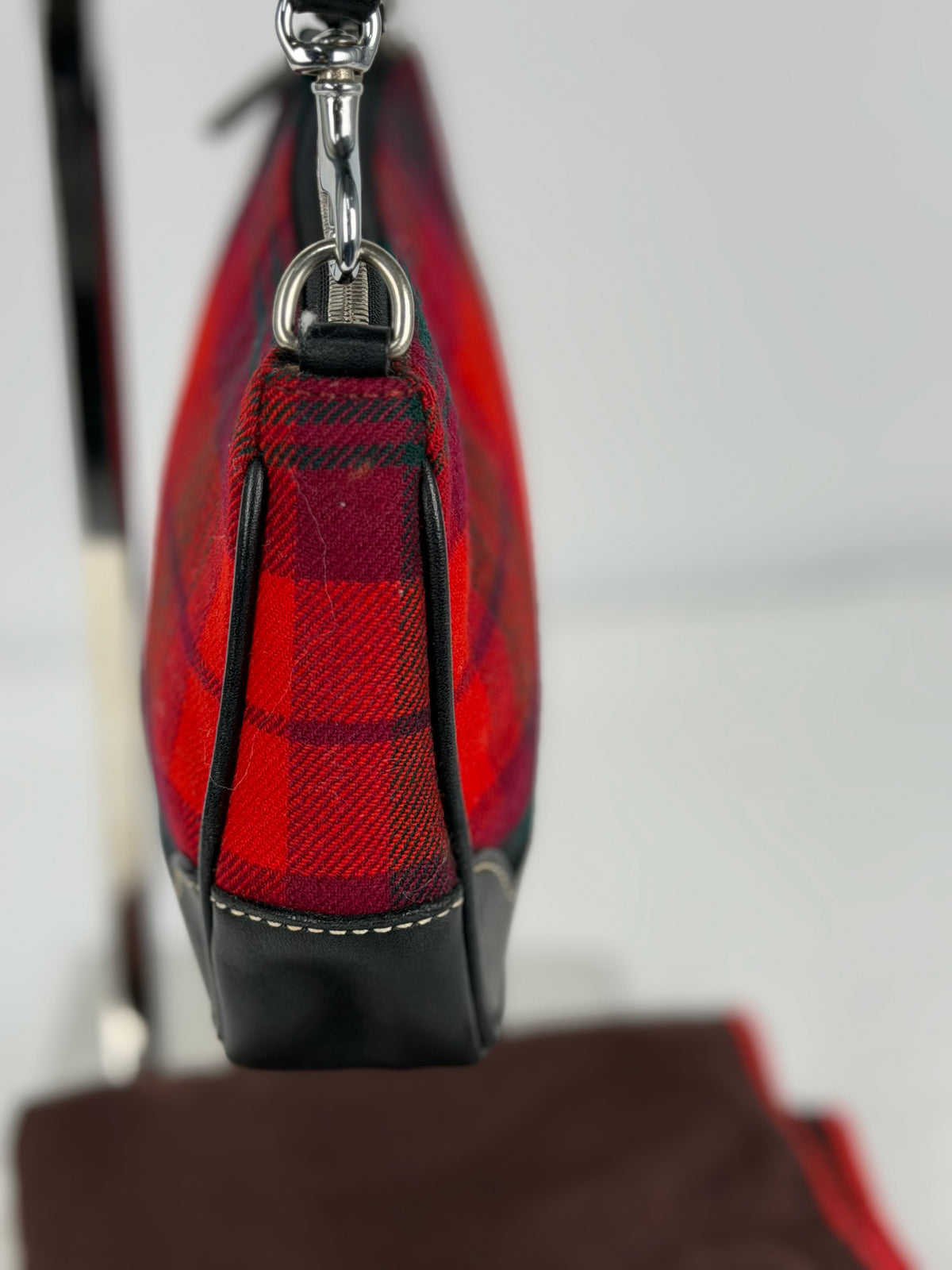 Coach Rare Red Plaid Wool Demi Shoulder Bag Black Leather Trim with dustbag