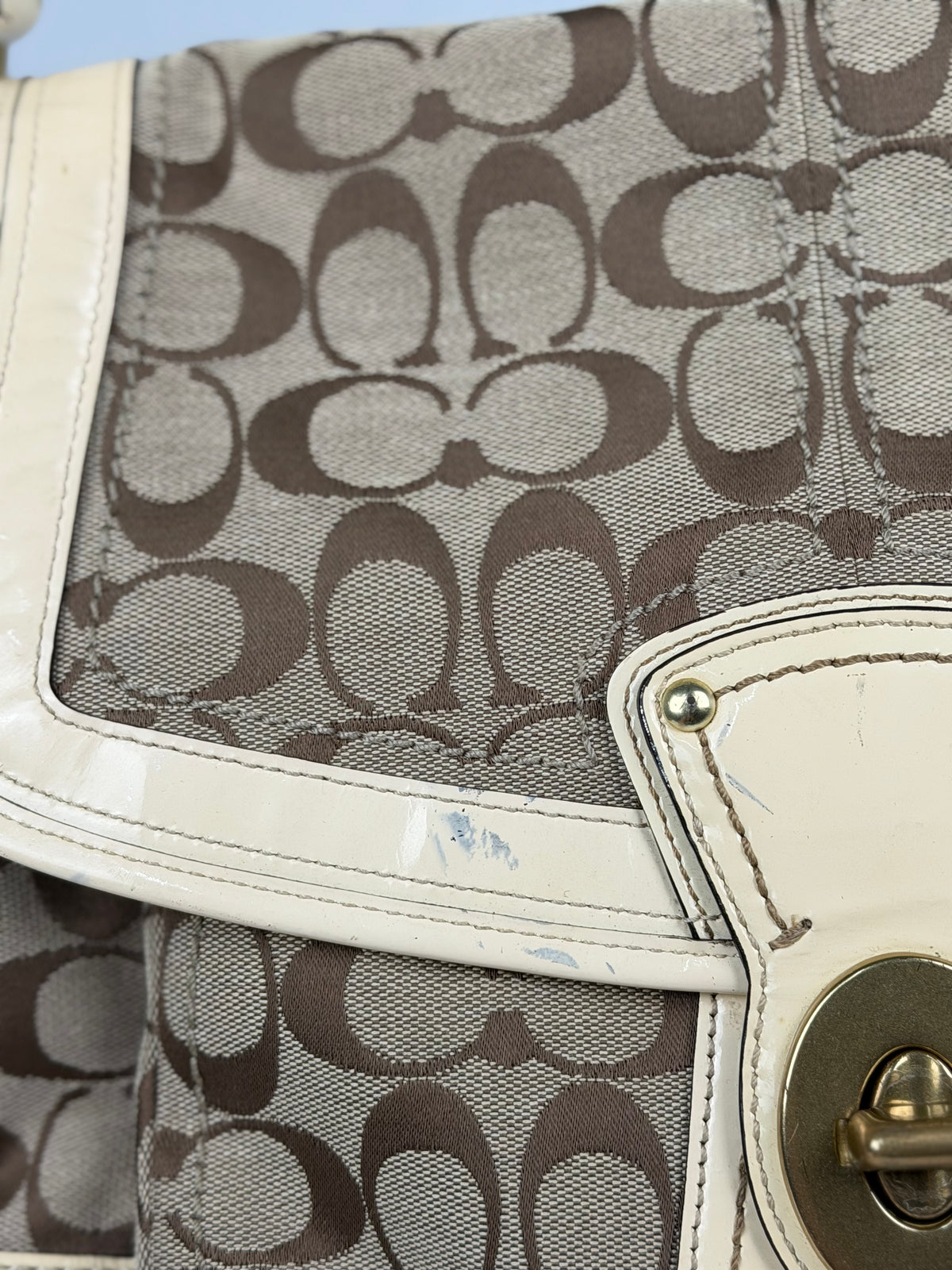 Coach F12857 Legacy Ali Signature Brown Monogram Shoulder Bag Cream Patent Leather Trim