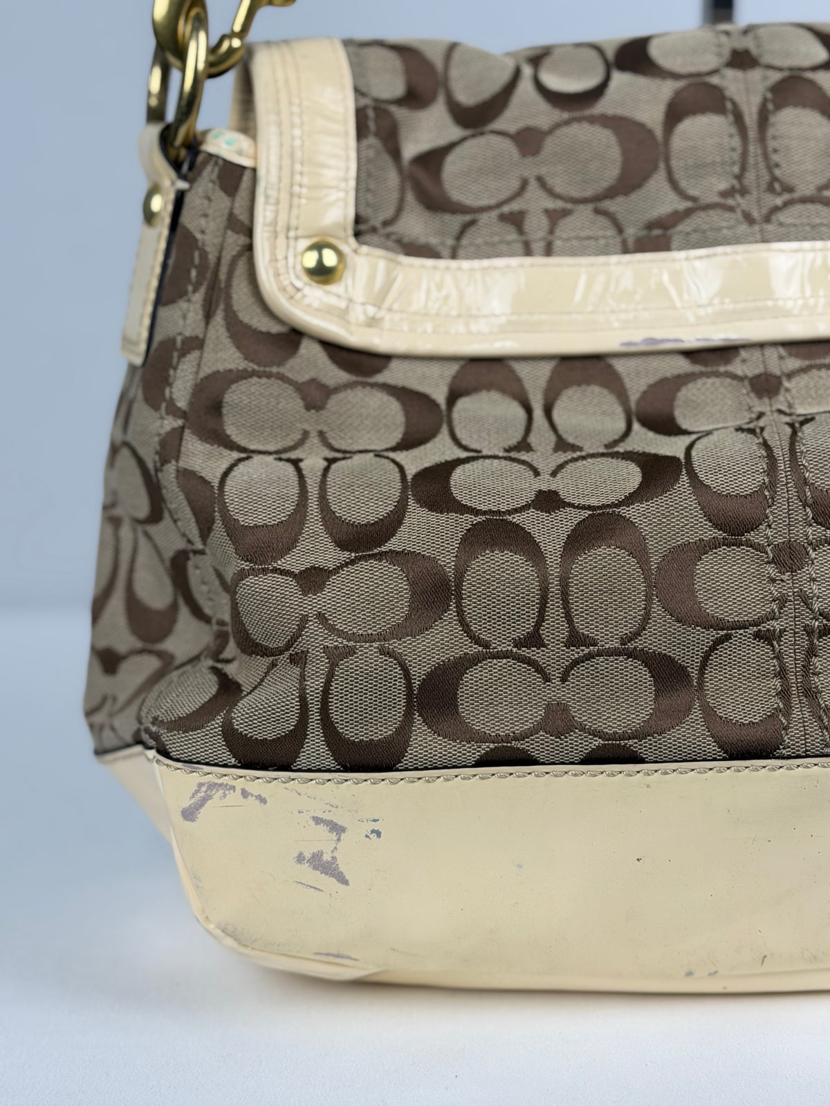 Coach F12857 Legacy Ali Signature Brown Monogram Shoulder Bag Cream Patent Leather Trim