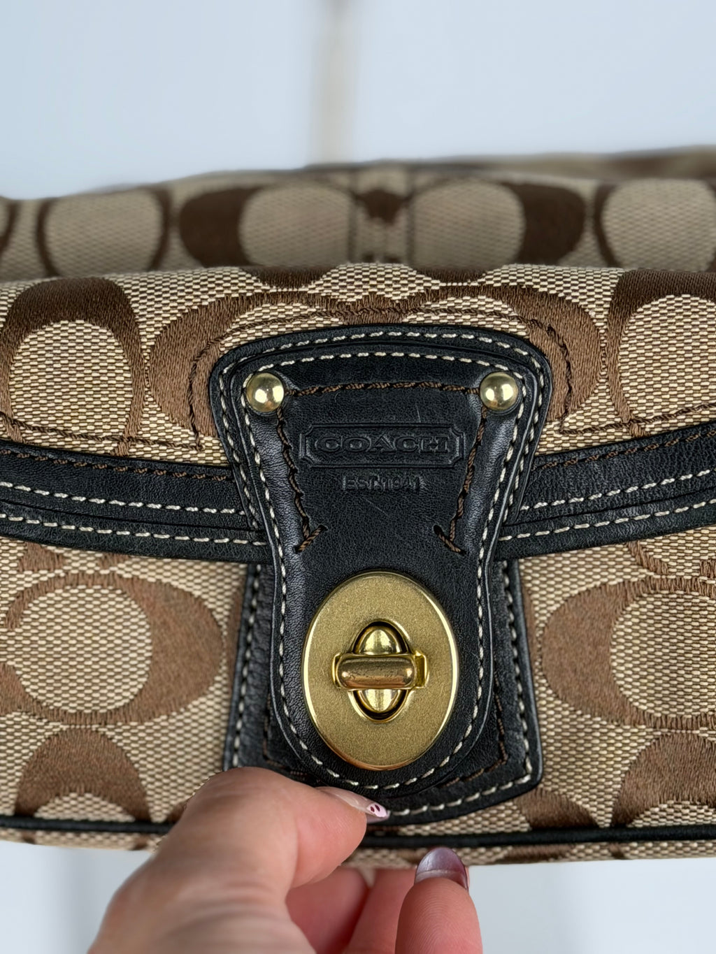 Coach 40224 Legacy Signature Brown Monogram Mini Shoulder Bag Leather Trim