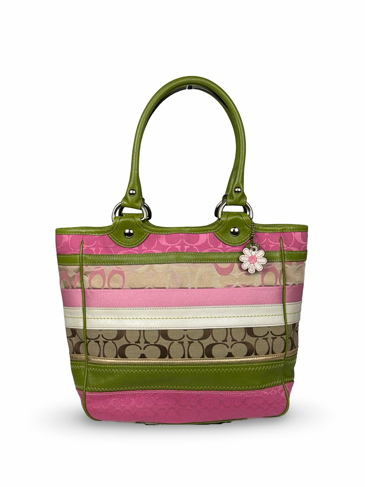 Coach F14726 Bleecker RARE Patchwork Pink/Green Monogram Shoulder Bag Leather Trim
