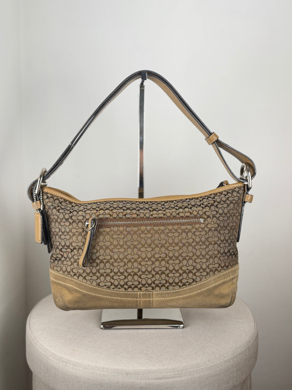 Coach F10945 Signature Brown Shoulder Bag Suede Leather Trim