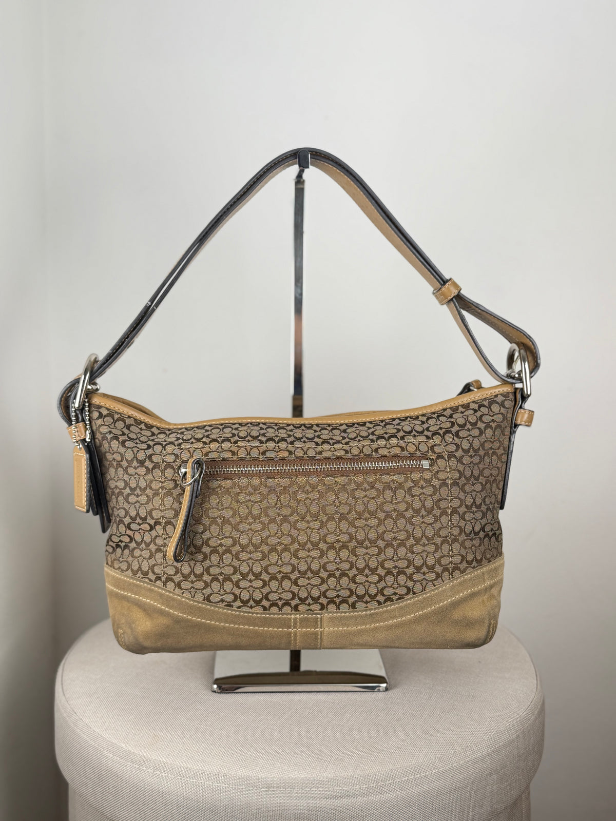 Coach F10945 Signature Brown Shoulder Bag Suede Leather Trim