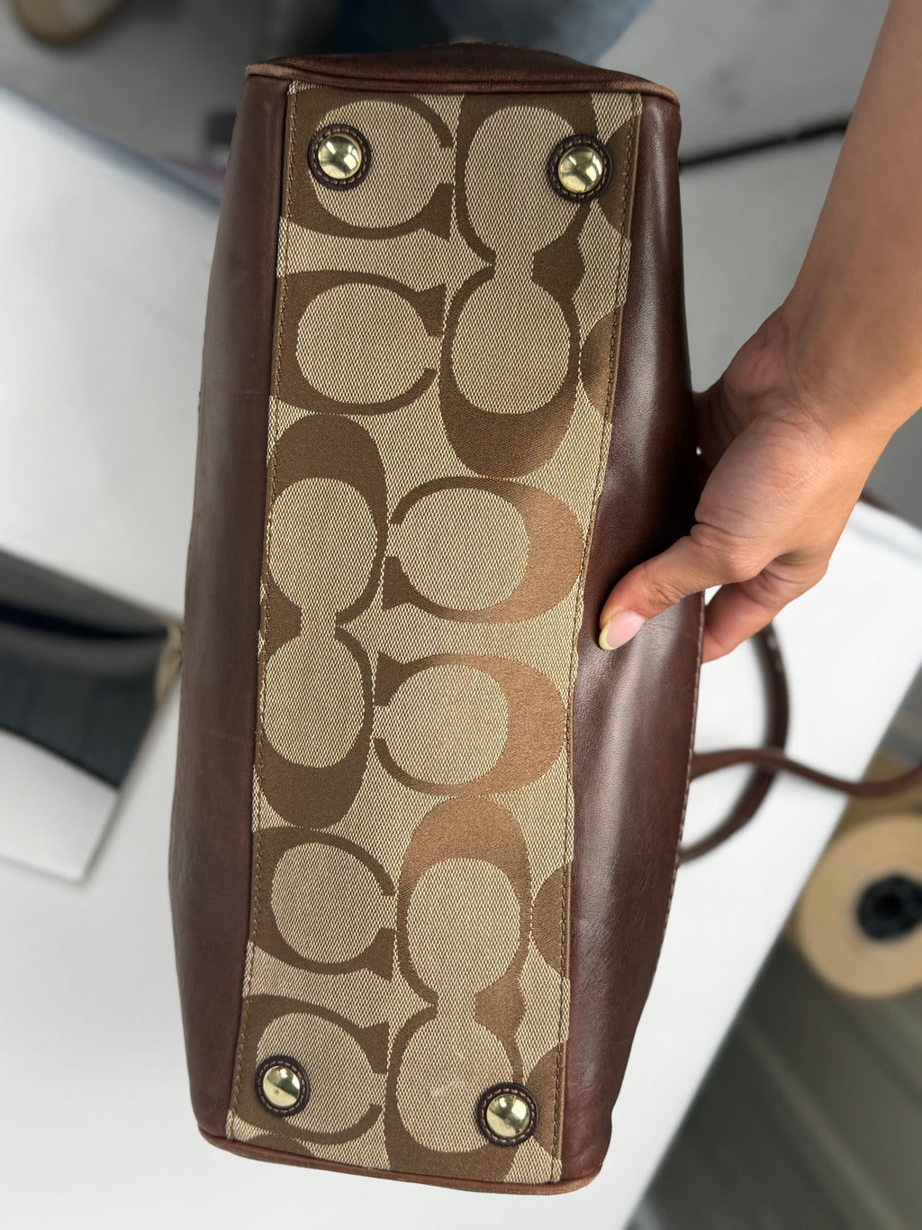Coach 11558 Madeline Turnlock Signature Brown Monogram Shoulder Bag Leather Trim