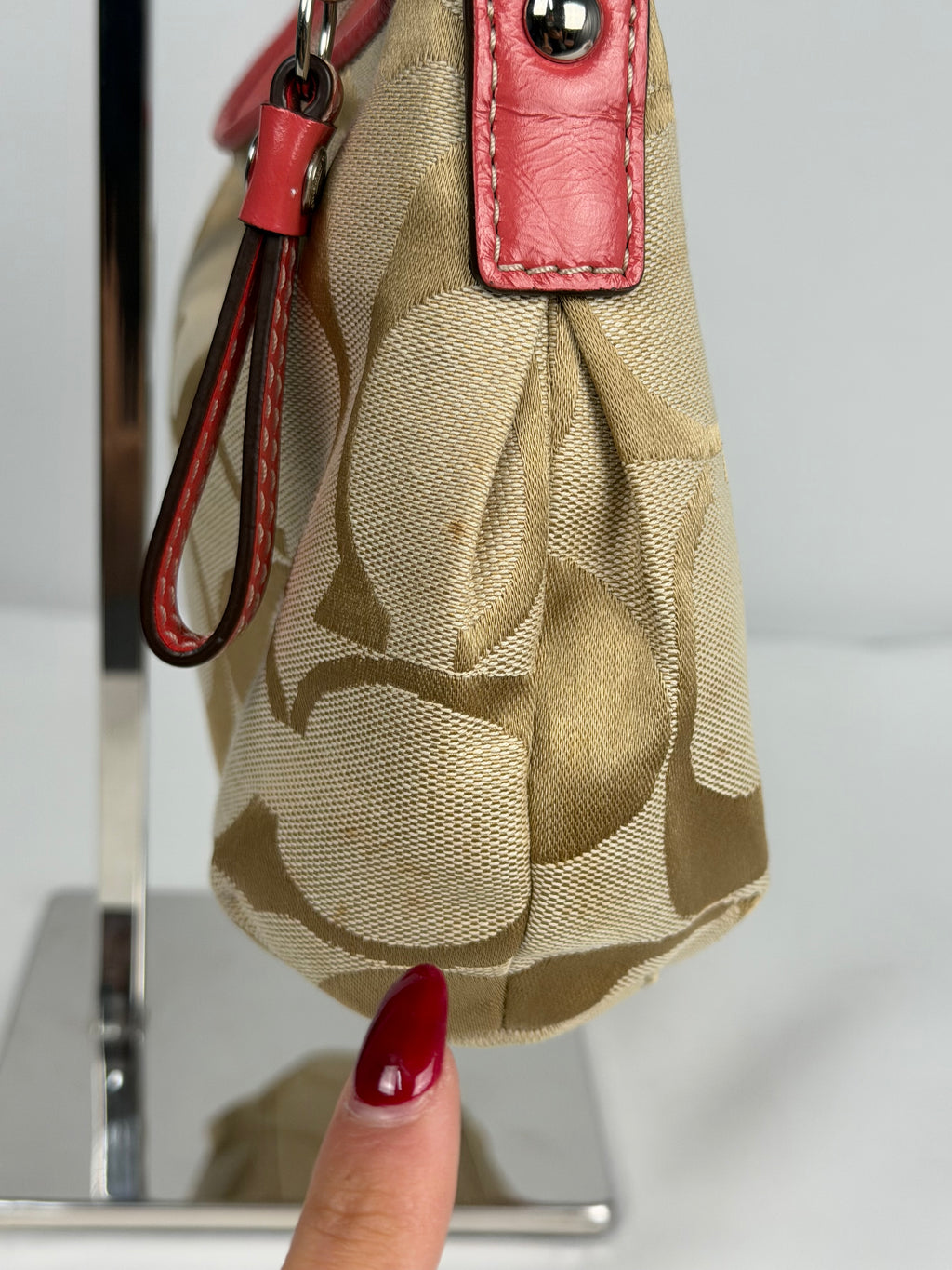 Coach F15111 Signature Beige Monogram Shoulder Bag Red Leather Trim