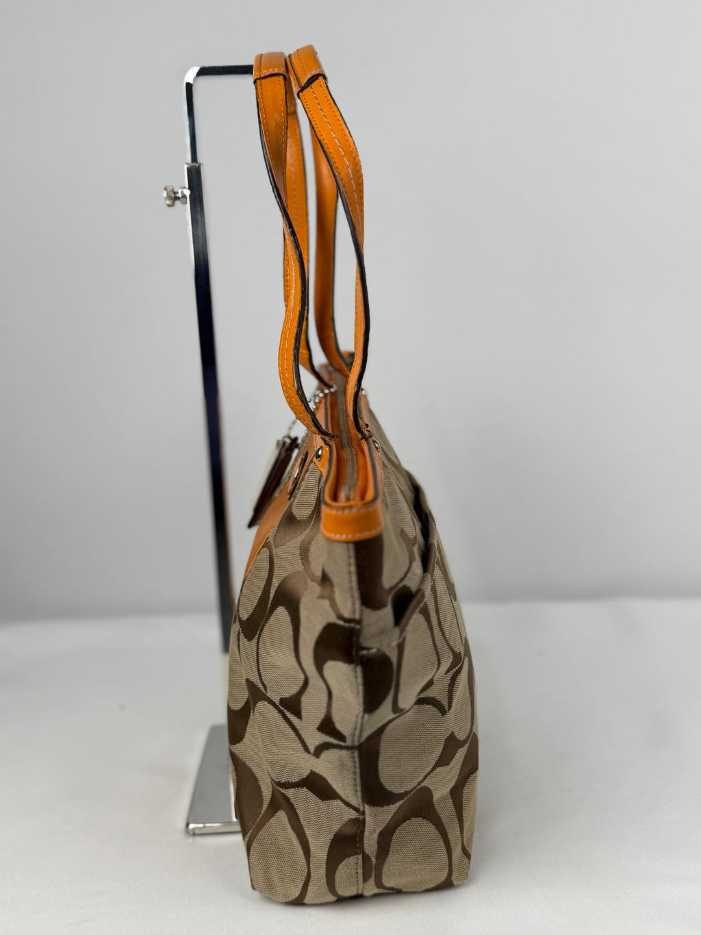 Coach F21950 Signature Orange/Brown Monogram Tote Shoulder Bag Leather Trim
