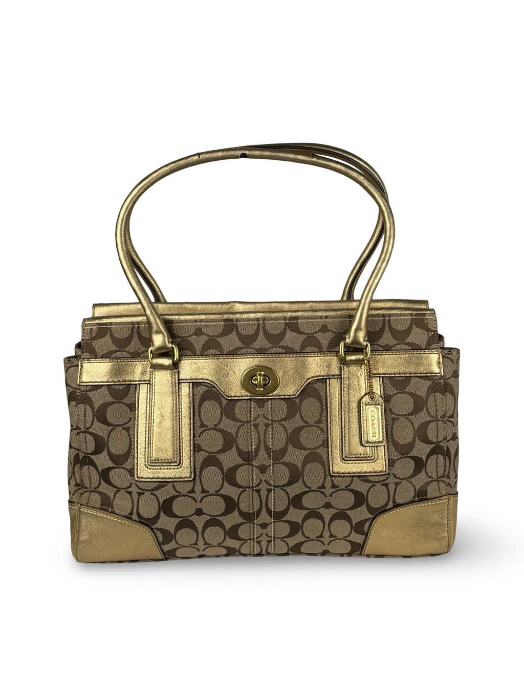 Coach 11063 Hampton Turnlock Signature Brown Monogram Shoulder&nbsp; Bag Gold Leather Trim