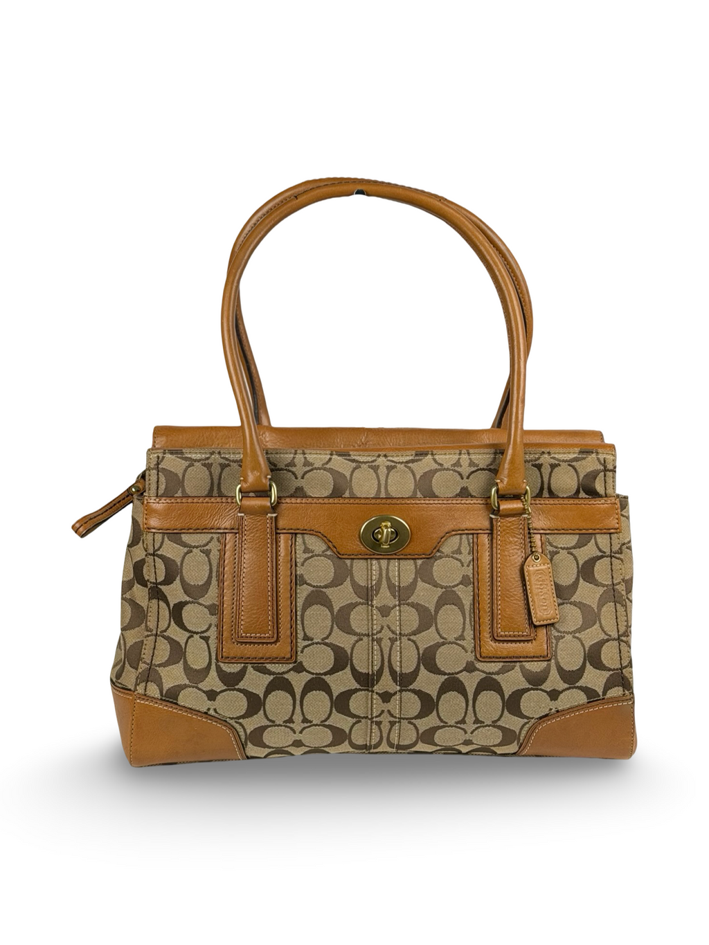 Coach 11063 Hampton Turnlock Signature Brown Monogram Shoulder Bag Leather Trim