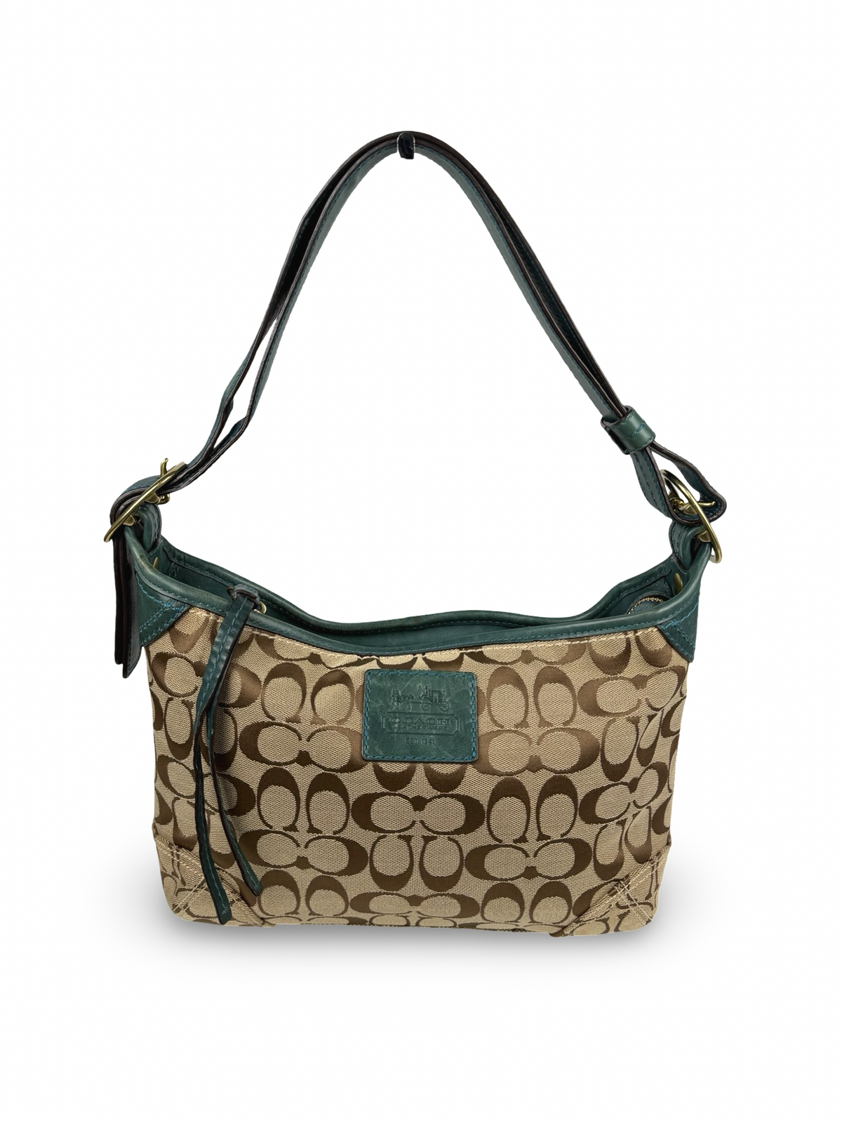 Coach 12594 Hobo Signature Brown Shoulder Bag Teal Leather Trim Convertible