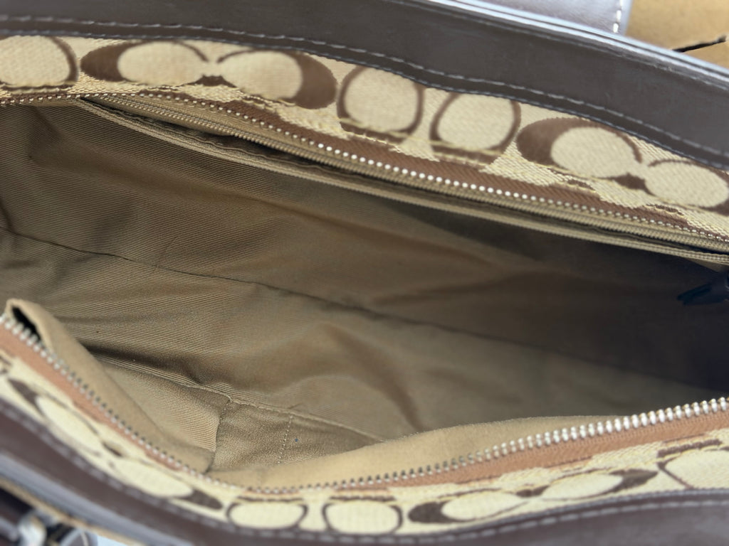 Coach F13975 Hampton Turnlock Flap Signature Brown Monogram Shoulder Bag Leather Trim