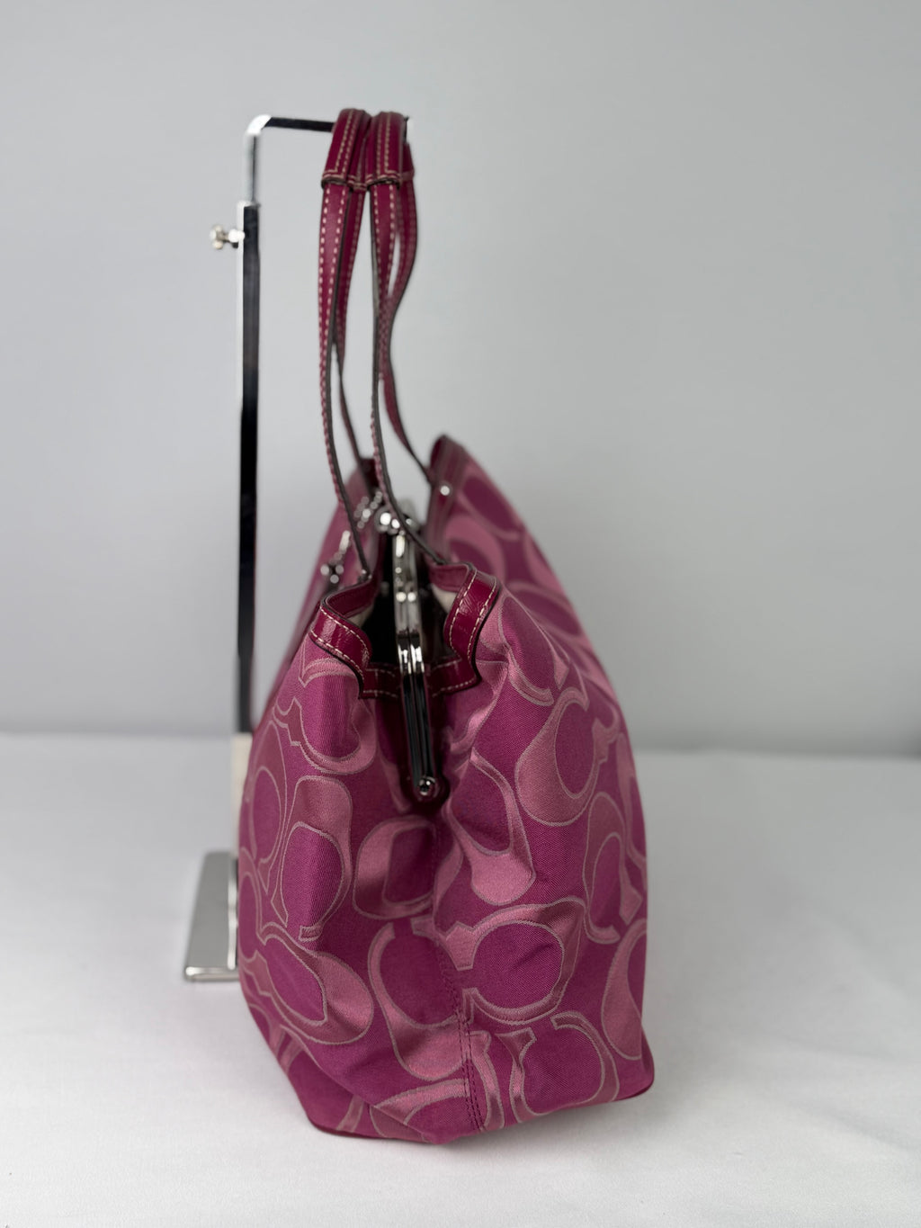 Coach F19460 Kisslock Signature Pink Monogram Shoulder Bag Leather Trim