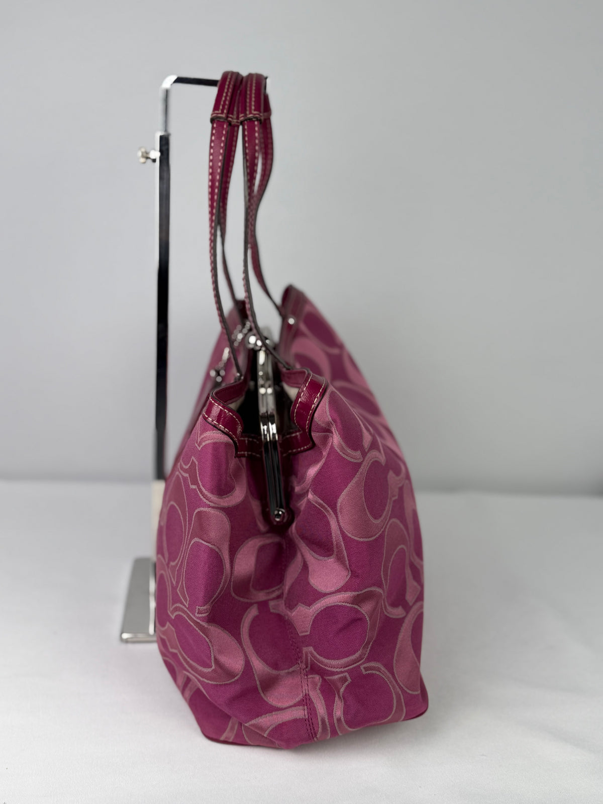 Coach F19460 Kisslock Signature Pink Monogram Shoulder Bag Leather Trim