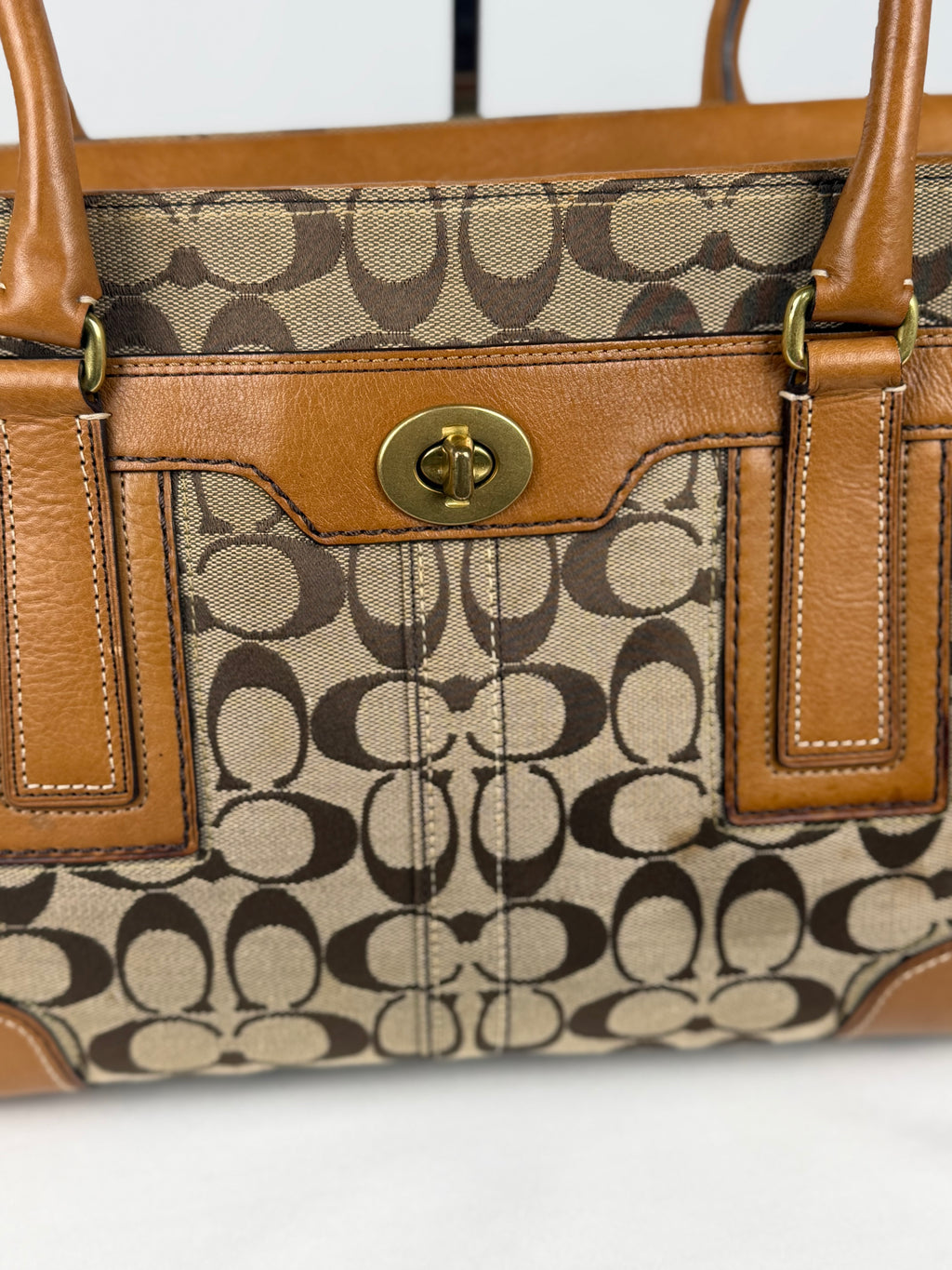 Coach 11063 Hampton Turnlock Signature Brown Monogram Shoulder Bag Leather Trim