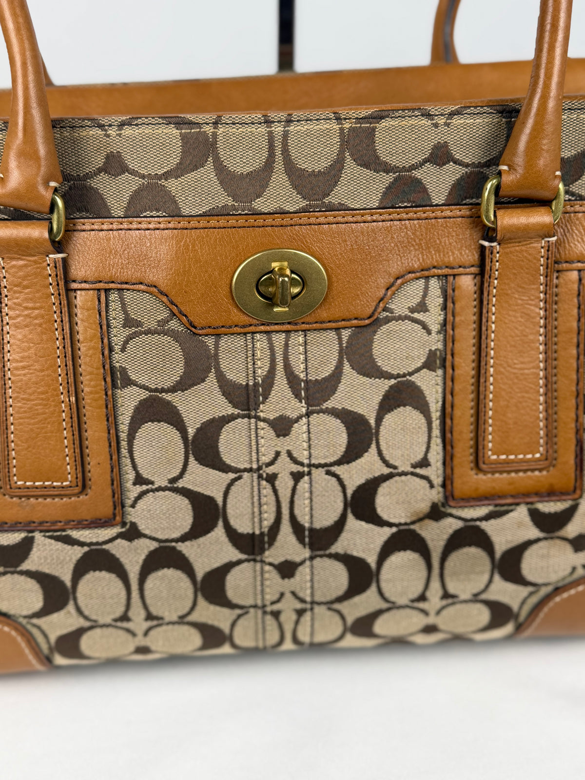 Coach 11063 Hampton Turnlock Signature Brown Monogram Shoulder Bag Leather Trim
