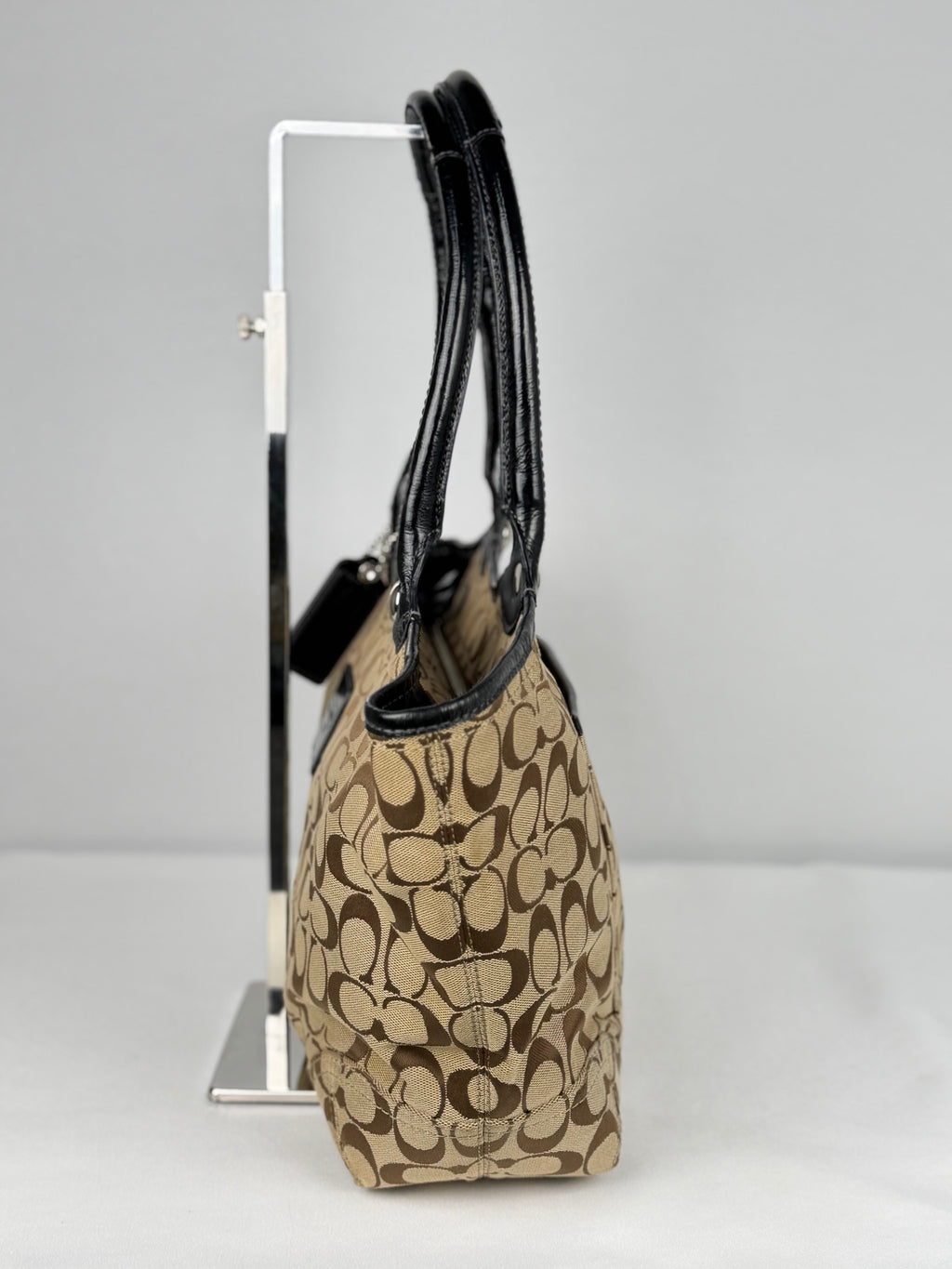 Coach F14385 Bleecker Signature Brown Monogram Tote Shoulder Bag Black Leather Trim