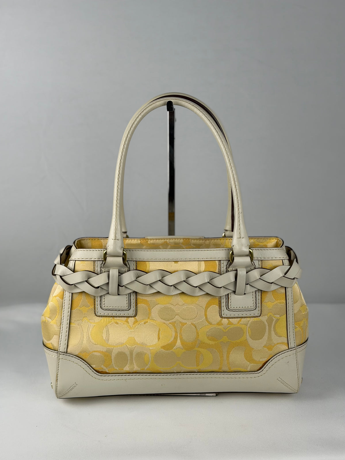 Coach 10785 Hampton Clip Op Art Yellow Monogram White Leather Trim Shoulder Bag