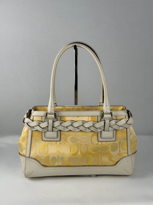 Coach 10785 Hampton Clip Op Art Yellow Monogram White Leather Trim Shoulder Bag