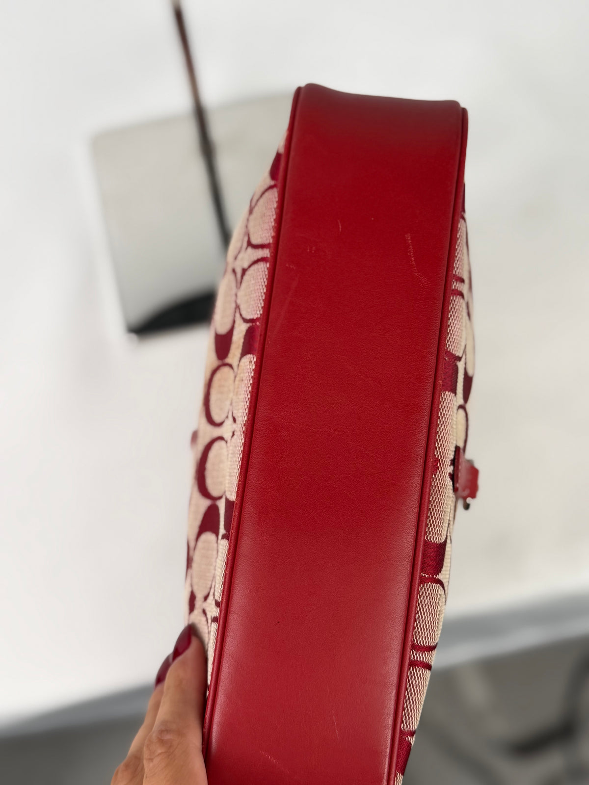 Coach 6091 Hampton Clip Red Signature Monogram Shoulder Bag Leather Trim