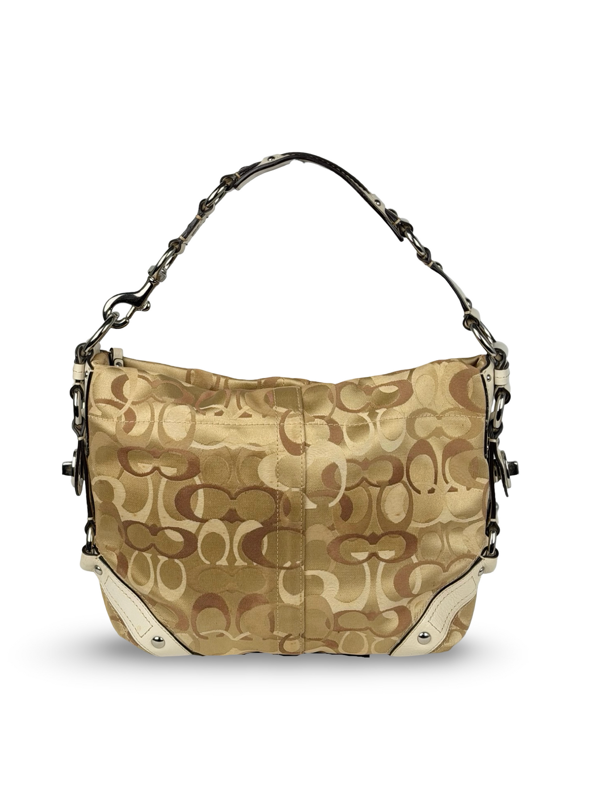 Coach F13980 Carly Optic Art Brown/Beige Monogram Shoulder Bag White Leather Trim